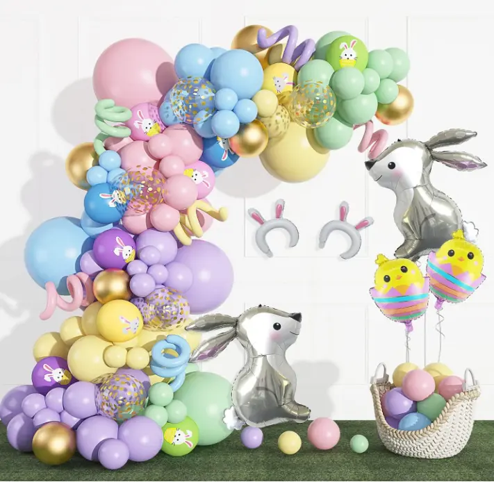 155PCS Easter Balloons Arch Garland Kit Easter Decorations with Bunny Ears Chicken Egg Foil Balloons Gold Confetti Long Pastel Balloons for Bunny Decor Easter Themed Bunny Birthday Party Supplies Colorful Photo Rabbit Vegetable Rabbit Vegetable