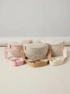 New embroidered women's chest bag, cute floral pattern waist bag, Waist pack, crossbody bag, linen mesh one-piece chest bag waist bag, women's wallet and shoulder bag, adjustable and detachable shoulder strap