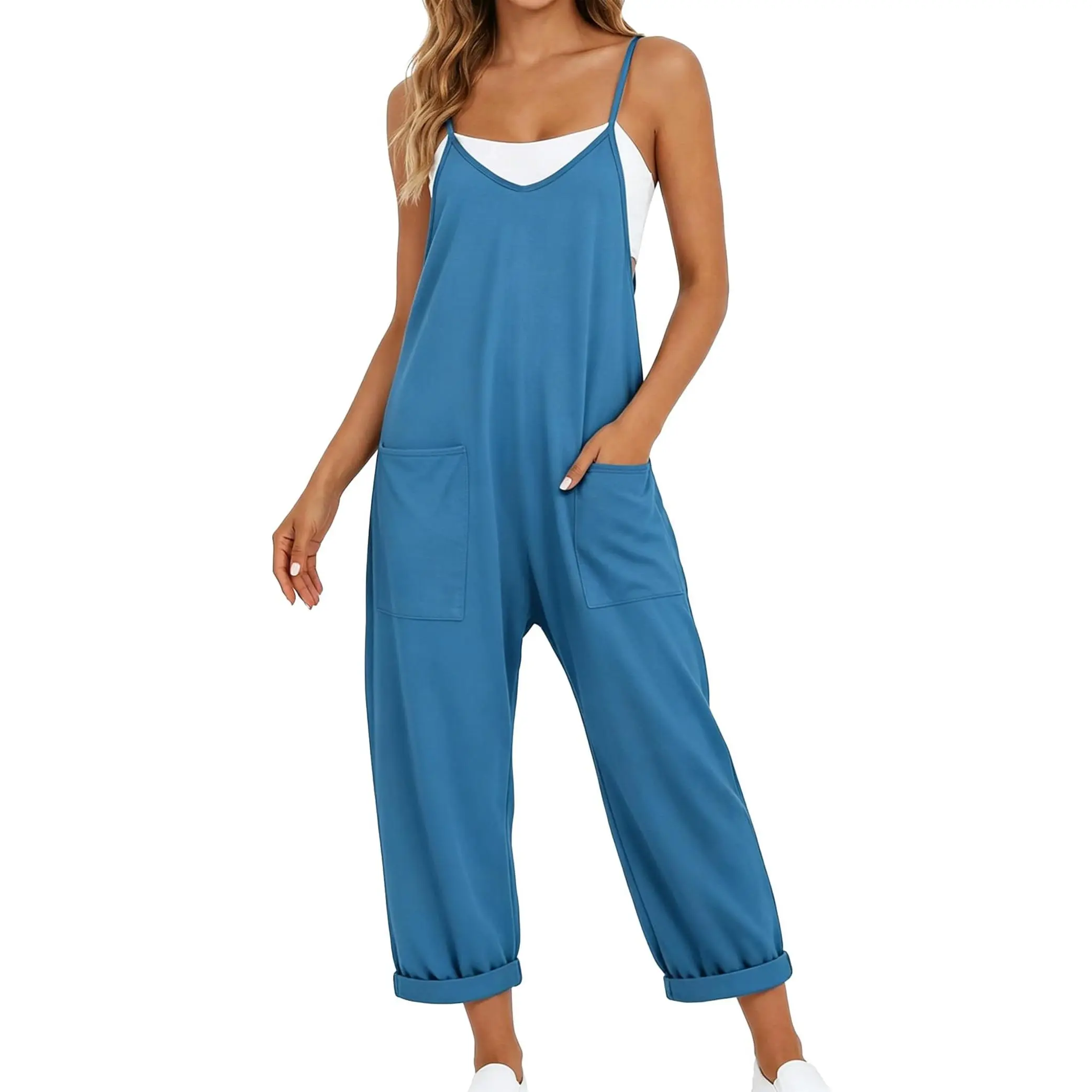 Women's Spaghetti Strap Wide Leg Jumpsuit | Solid Colors | Full Length | Casual Chic | Summer