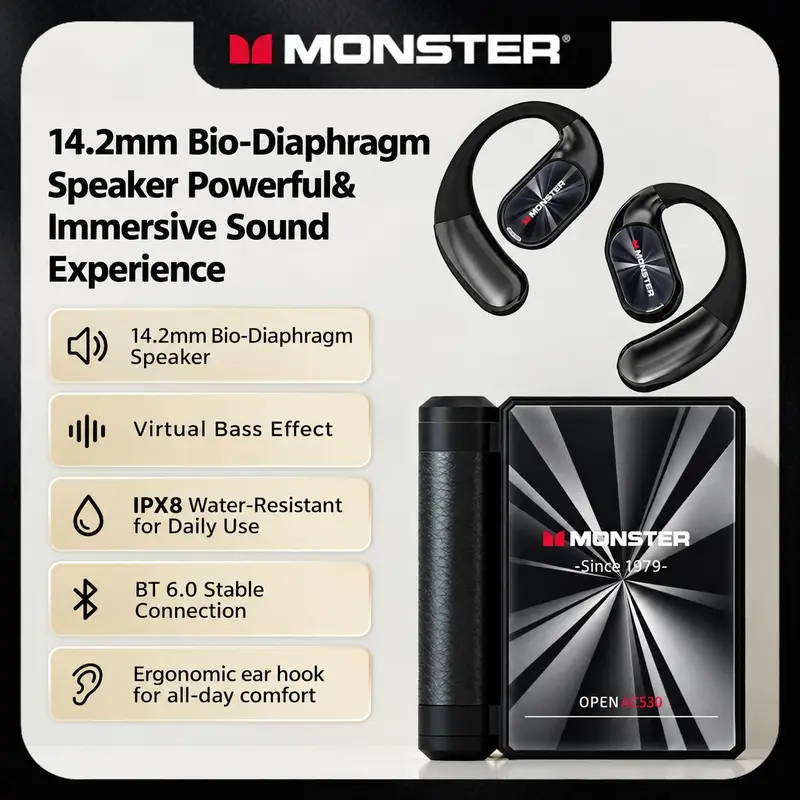 Monster AC530 Open-Ear Mic Headset, Dual-Fold Design, Mic Noise