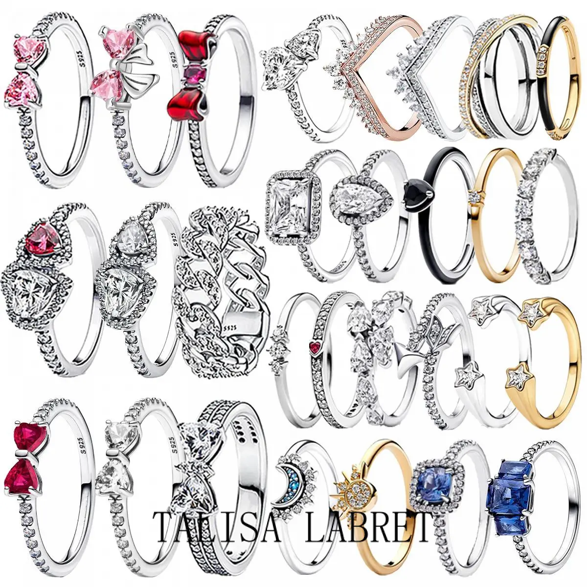 FASHION - Original 925 Sterling Silver Red Pink Ring Heart Bow Sun Moon Colorful Crystal For Women Valentine's Birthday Gift DIY JewelryTALISA