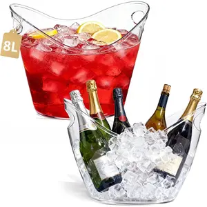 8L Extra Large Clear Acrylic Ice Bucket 2 Pack - Heavy-Duty Clear Plastic Beverage Tub for Champagne Wine Beer, Portable Drink Cooler for Large Parties Weddings and Bar Use