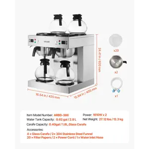 VEVOR Commercial Drip Coffee Maker, 24 Cups Coffee-Maker Machine with 4 Glass Carafes and 4 Decanter Warmer Plates, Stainless Steel Dual-Head Coffee Brewer, for Restaurant, Office, Coffee Shop Home