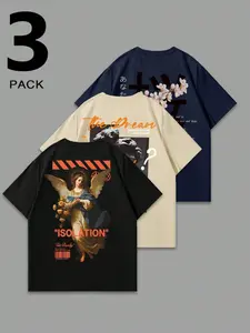 Men's 3-Pack Graphic T-Shirts, Soft Breathable Cotton Crew Neck, Letter & Cherry Print, Loose Fit Casual Streetwear, Multi-Color Set