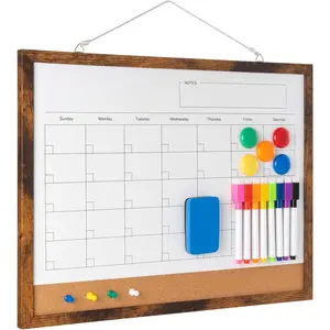 Dry Erase Calendar Whiteboard, 17" x 13"  Whiteboard Cork Board Combo,  Monthly Planner with 8 Markers, Eraser,  and Pushpins,  Dry Erase Board for , School - Brown