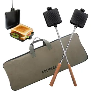Campfire Pie Iron 4.9" Large Cast Iron Sandwich Maker for Camping 2 Pcs with Storage Bag - 21.7 inch Adjustable Handles - Campfire Cooking Equipment for Grilling & Outdoor Cooking