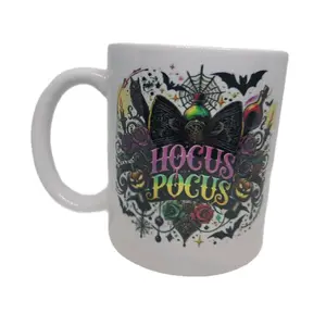 Hocus Pocus Coffee Cup with Colorful Design Featuring Bat and Roses Perfect for Your Beverage Needs
