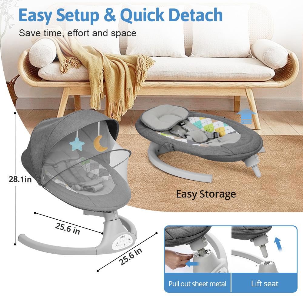 COMOMY Baby Swing for Infants with 5 Natural Sway Speeds, Portable Bt Music Baby Swing with Remote Control & 5-Point Harness, Hands-Free Baby Soother, Lightweight Baby Rocker for 5-20 Lb, 0-6 Months, Grey, Valentine's Day