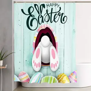 1/4pcs Easter Bathroom Curtain Set - Light Turquoise - Shower Curtain with White Rabbit, Colorful Eggs & 'HAPPY EASTER' Text, Matching 2 Bath Mats, Toilet Seat Cover - Rabbit & Egg Pattern for Easter Decor, Bathroom Decoration Accessories