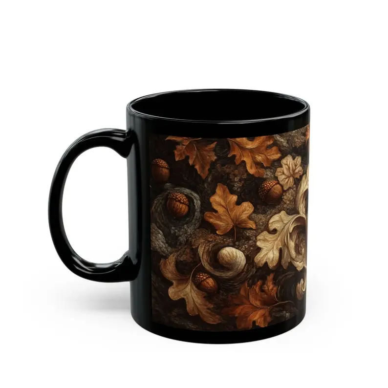 Autumn Art Mug - Oak Leaves and Acorns Print - Cute Fall Coffee Mug - 11oz or 15oz Black Ceramic Mug