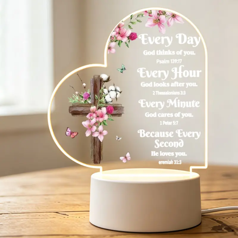 Heart Shaped Acrylic LED Night Light, Floral Cross Bible Verse Religious Scripture Lamp, LED Decoration, Bedroom Lighting, Ambient Lighting Bedroom, Christian Faith Home Decor Gift for Devoted Believers