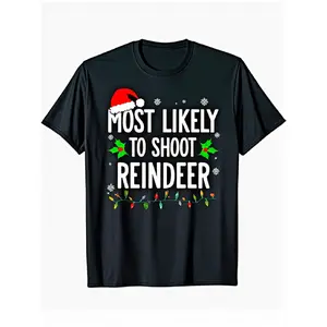 Men's Funny "Most Likely to Shoot The Reindeer" Christmas T-Shirt - Black Short Sleeve Crew Neck Humorous Holiday Tee with Santa Hat & Snowflakes Design, Matching Family Outfits for Xmas Parties, Gifts & Shooting-Themed Jokes