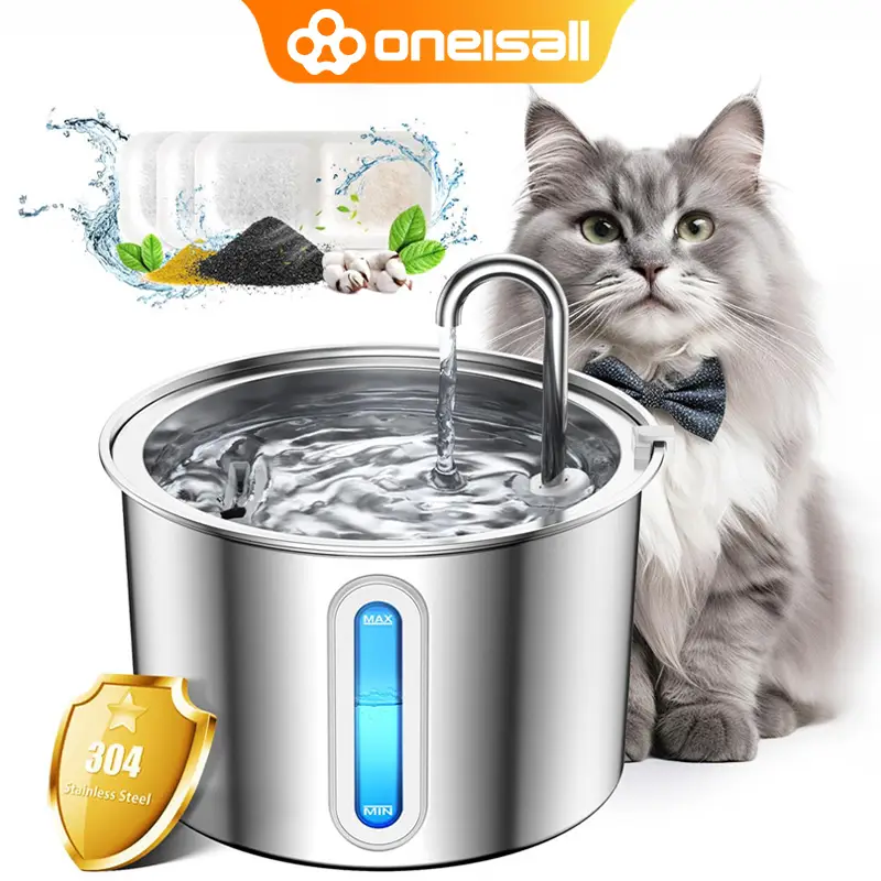 oneisall Cat Water Fountain 304 Stainless Steel, 2L/67oz Automatic Water Fountain for Cats Inside, 3 Replacement Filters & Visual Water Level Window w