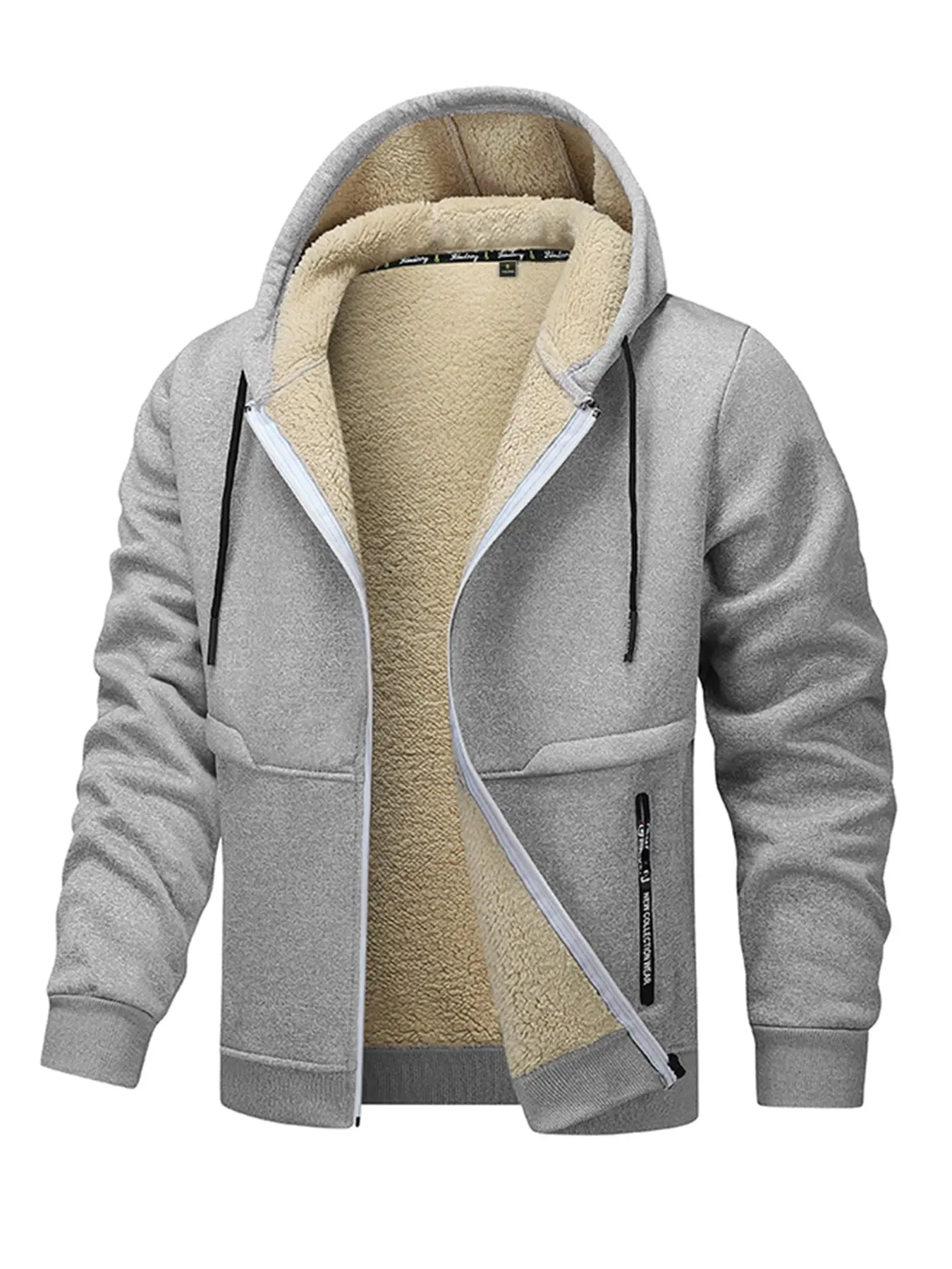 Men's Loose Warm Solid Zip Front Hooded Jacket, Long Sleeve Thermal Lined Outwear, Casual Men's Clothing For Winter