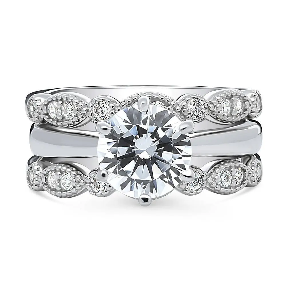 BERRICLE Sterling Silver Solitaire Milgrain Art Deco Engagement Rings Statement Stackable Band for Women, 2 Carat Round Cut Cubic Zirconia CZ Ring Set