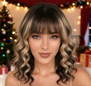 Short Wigs with Bangs 14Inch Mixed colors or solid colors Synthetic Curly Bob Wave Wig for Women Shoulder Length Natural Looking Hair Replacement Wig for Daily Party Use Cosplay Costume Halloween Wig