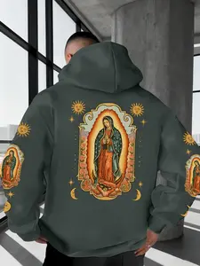 Mexican Folk Art Print Hoodie, Guadalupe Virgin Design, & Gold Religious Icons, Warm Winter Pullover, Casual Sweater