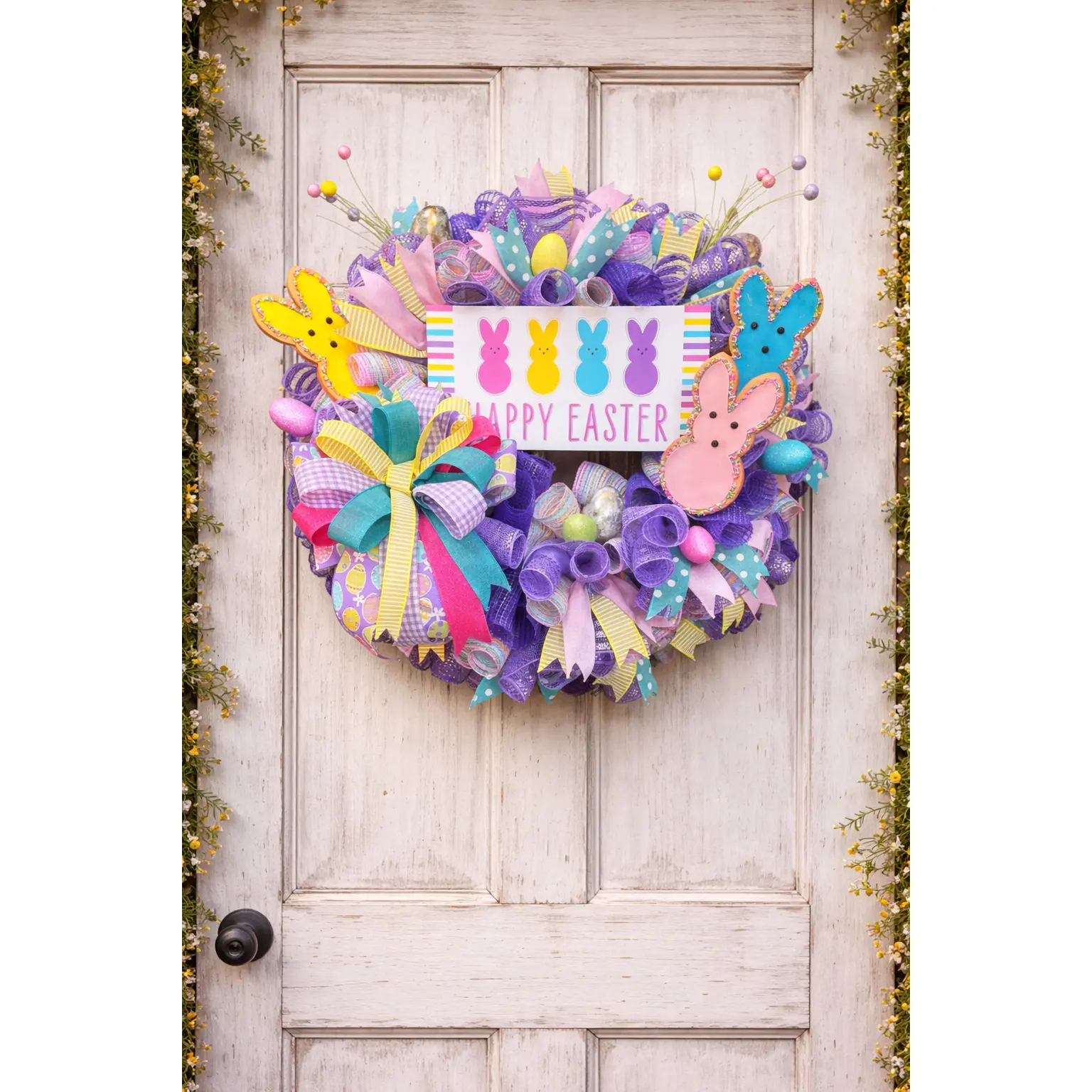Happy Easter Bunny Wreath – Colorful Spring Door Decor with Peeps and Pastel Mesh