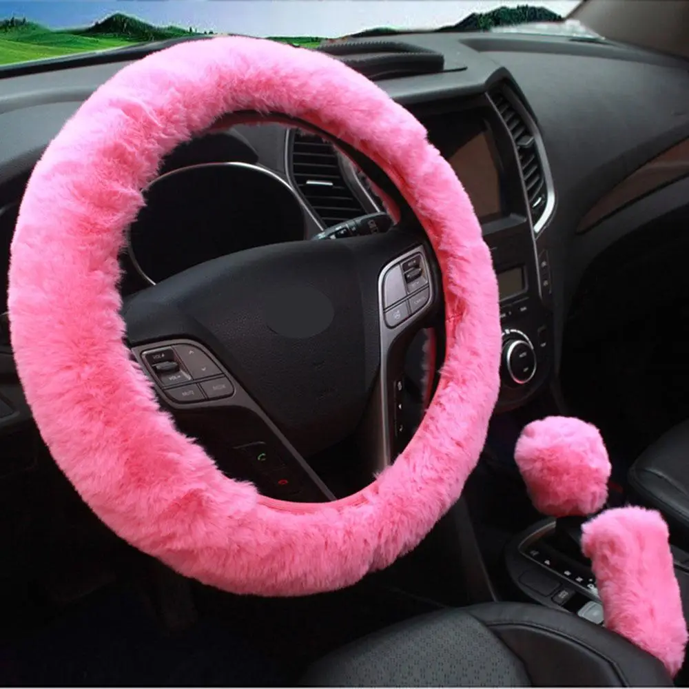 Car Steering Wheel Cover, 1 Set Universal Car Shift Hand & Brake Fluff Warm Cover, Fluffy & Soft Handle Gear Shift Protective Cover for Car