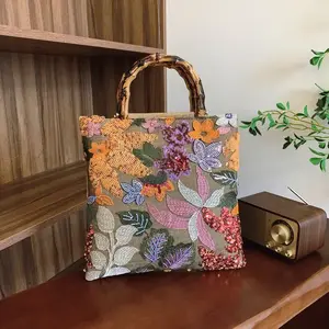 Color Sequined Bamboo Tote 2026 New Retro Embroidered Hand Carry Dinner Bag