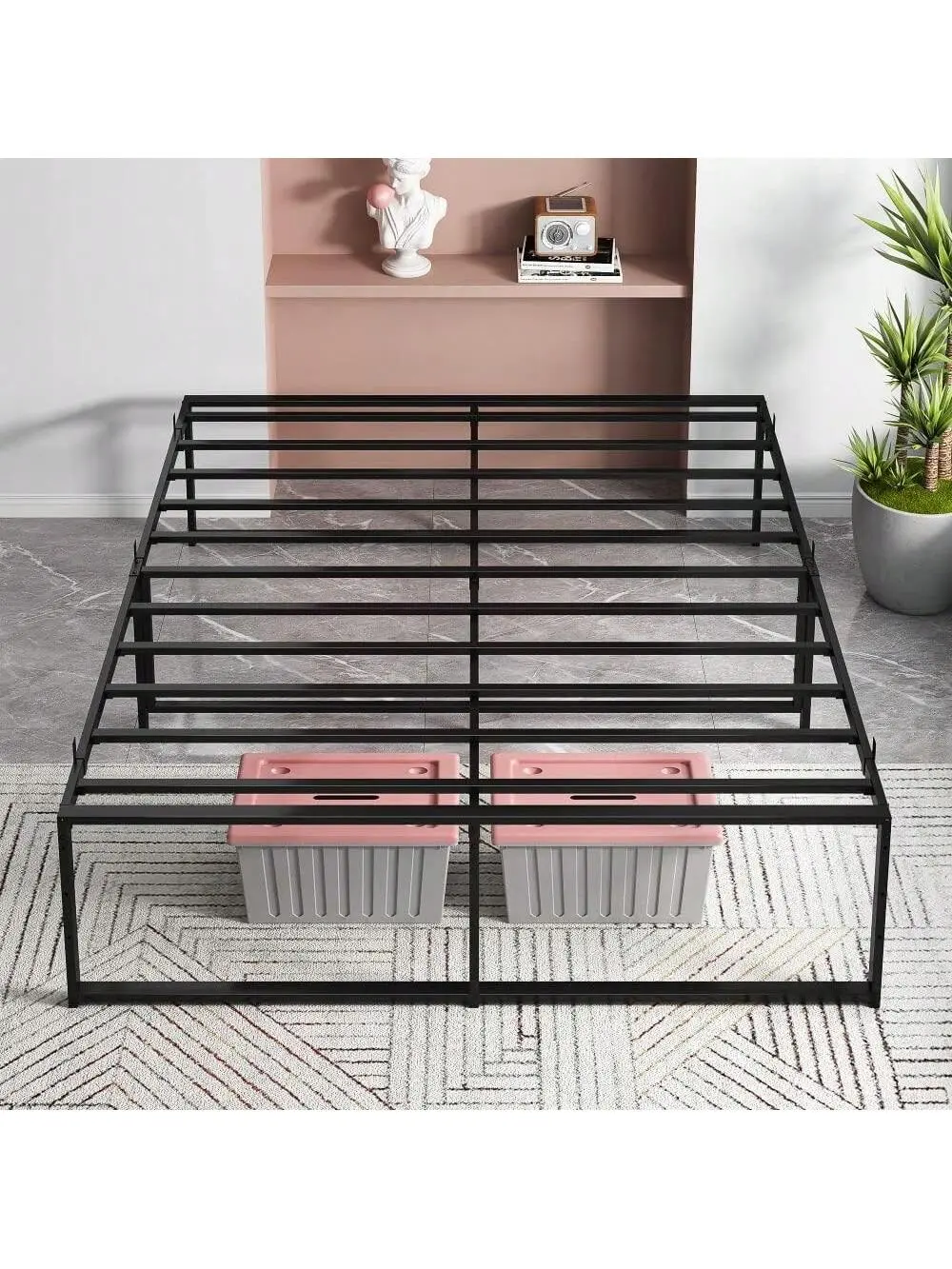Black-Double Bed Metal Platform Bed Frame With Sturdy Steel Bed Slats,Mattress Foundation No Box Spring Needed Large Storage Space Easy To Assemble Non-Shaking And Non-Noise