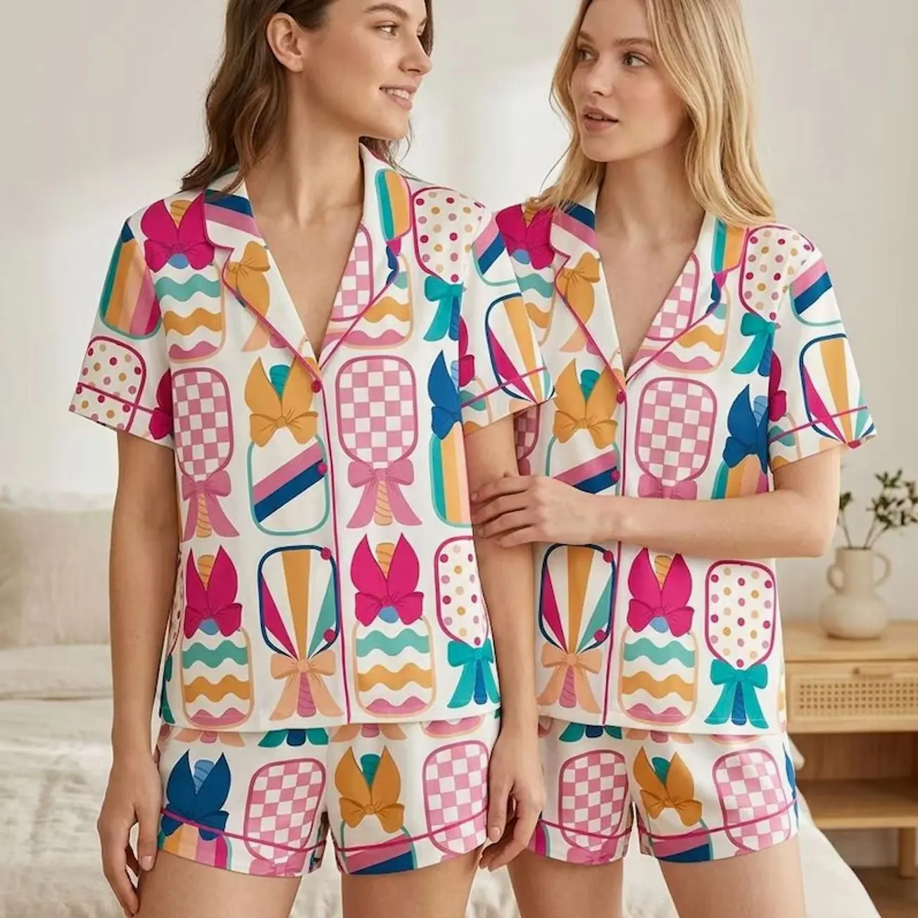 Pickleball Pajama Set for Women, Satin Sleepwear, Pickleball Lover Gift PJs M5Z