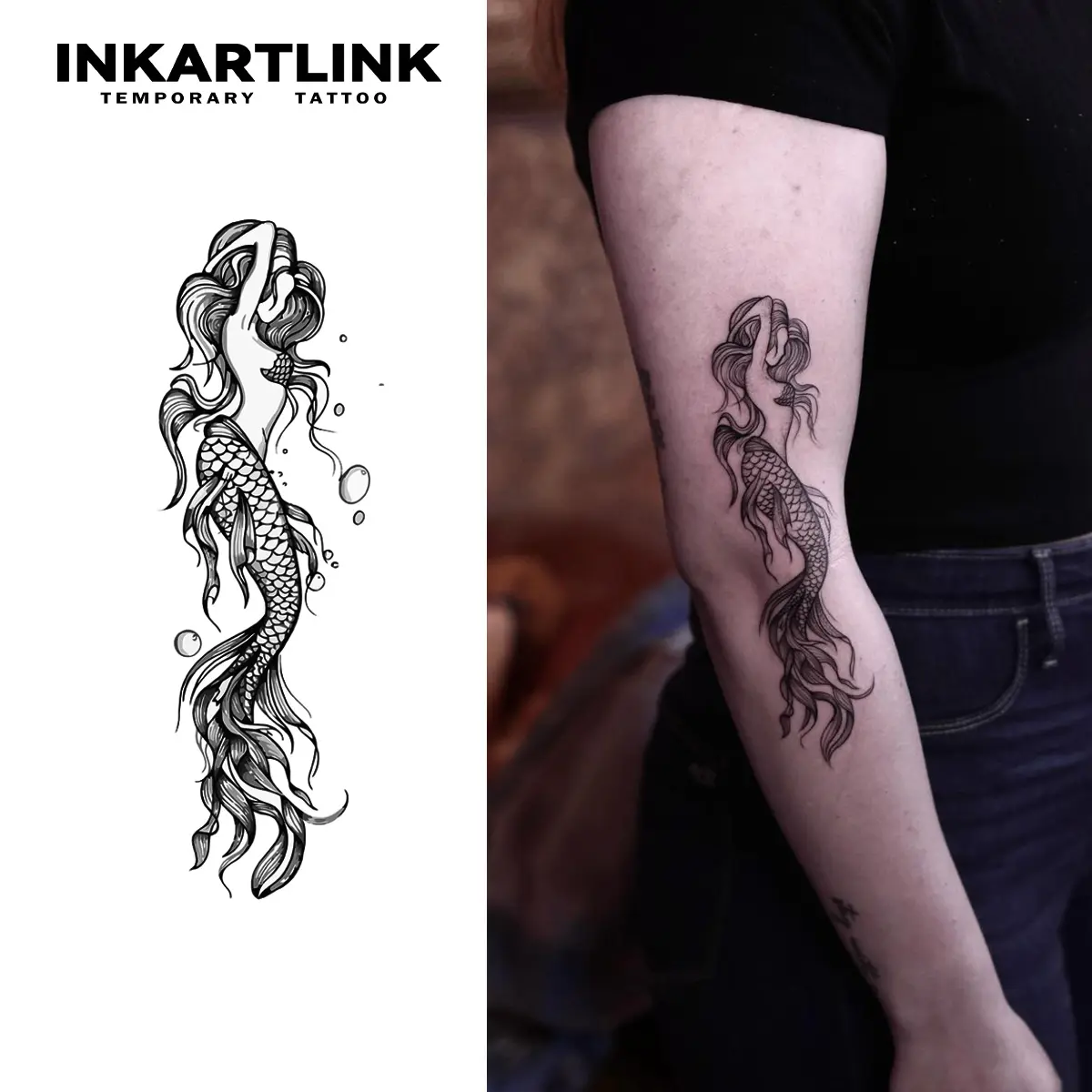INKARTLINK Semi Permanent Fake Temporary Tattoo Stickers for Adults, 2 Sheets Single Item, Mermaid Art & Butterfly Designs, Waterproof, Realistic Look, No Adhesive, No Reflection, 1-2 Weeks Long Lasting, All Skin Types