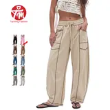 Tanming Womens Contrast Stitching Pants High Waisted Drawstring Baggy Barrel Cargo Wide Leg Trousers with Pockets Casual Spring Summer Fall Winter Work School Vacation Loungewear Outfits Clothing