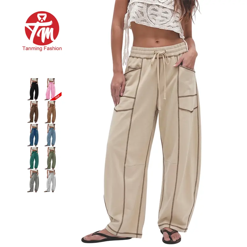 Tanming Womens Contrast Stitching Pants High Waisted Drawstring Baggy Barrel Cargo Wide Leg Trousers with Pockets Casual Spring Summer Fall Winter Work School Vacation Loungewear Outfits Clothing
