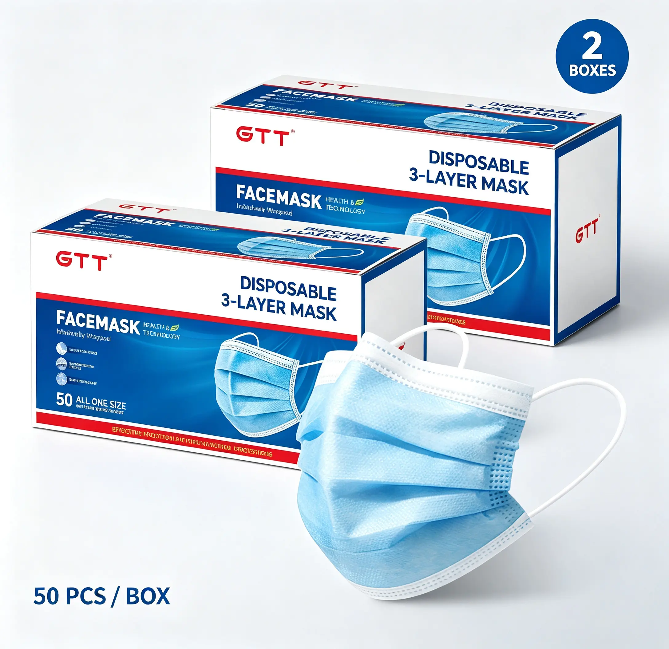 GTT Disposable 3-Layer Protective Non-Woven Face Masks for Adults, Individually Wrapped (2 Boxes, 100 Pcs Total), Hypoallergenic Soft Breathable Dust Cover with 3-Layer Protective Structure, Prevents Glasses Fogging (Home Care Supplies for Daily Travel)