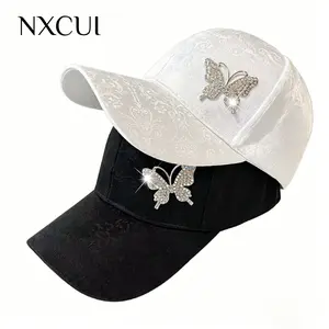 NXCUI Rhinestone Butterfly Baseball Cap for Women, Elegant Bling Hat with Vintage Pattern, Adjustable Casual Sun Hat Logo