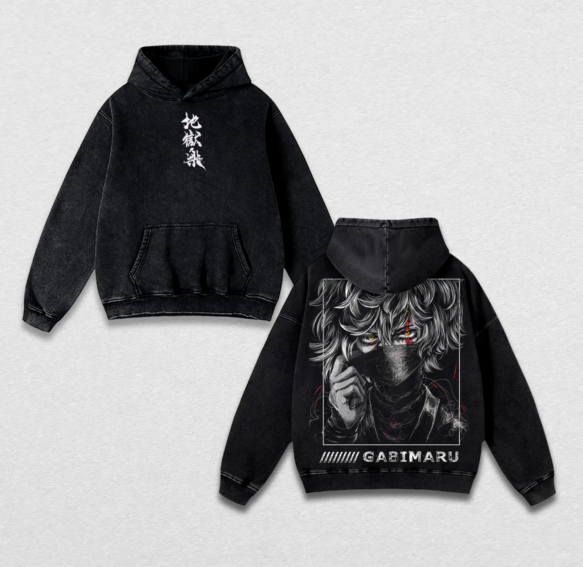 Hell’s Paradise Gabimaru Washed Hoodie & T-Shirt – Vintage Ninja Graphic Oversized Anime Sweatshirt, Acid Washed Manga Pullover, Unisex Streetwear