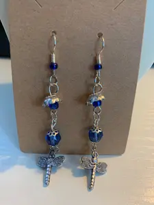 Dragonfly Earrings with Blue Beads