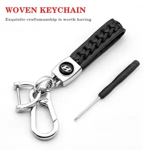 Hyundai Car Logo Leather Keychain, Woven Leather Strap Design, Metal Clip Key Holder, Durable Alloy Car Key Ring, Fashionable Alloy Keychain