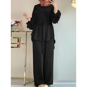 Women’s two-piece set: solid bishop-sleeve knot top and elastic-waist pants; modest casual high-low top and wide-leg trousers for daily wear; ladies’ Islamic clothing for all seasons; outfit sets for women