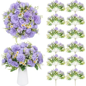 12 Bundles Artificial Flowers Purple Fake Rose Flower Mixed Chrysanthemum Hydrangea Flower Arrangements for DIY Wedding Table Centerpieces Party Baby Shower Home Decorations