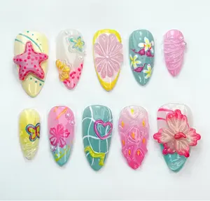 Tropical Summer Press-On Nails | Bright Pink & Yellow Nail Art | Summer Inspired Nail Design | Cute Beach Nail Set | Tropical Vibes