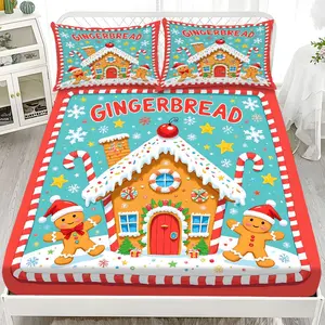 Fitted Sheet 3-Piece Set 2D Flat Gingerbread Man Pattern Mattress Cover (1 fitted sheet + 2 pillowcases, no insert), stylish, soft, and comfortable sheets, skin-friendly and breathable bedding, suitable for family bedrooms and guest rooms, all year round.
