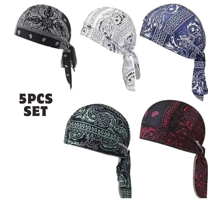 5-Pack Cooling Helmet Liner Caps, Moisture-Wicking Breathable Pirate Head Wraps, Stretchy Adjustable Sports Outdoor Hat, Sweat-Absorbent Cooling Beanie for Motorcycle Cycling & Outdoor Riding, Adjustable Hat, Sports Outdoor Hats