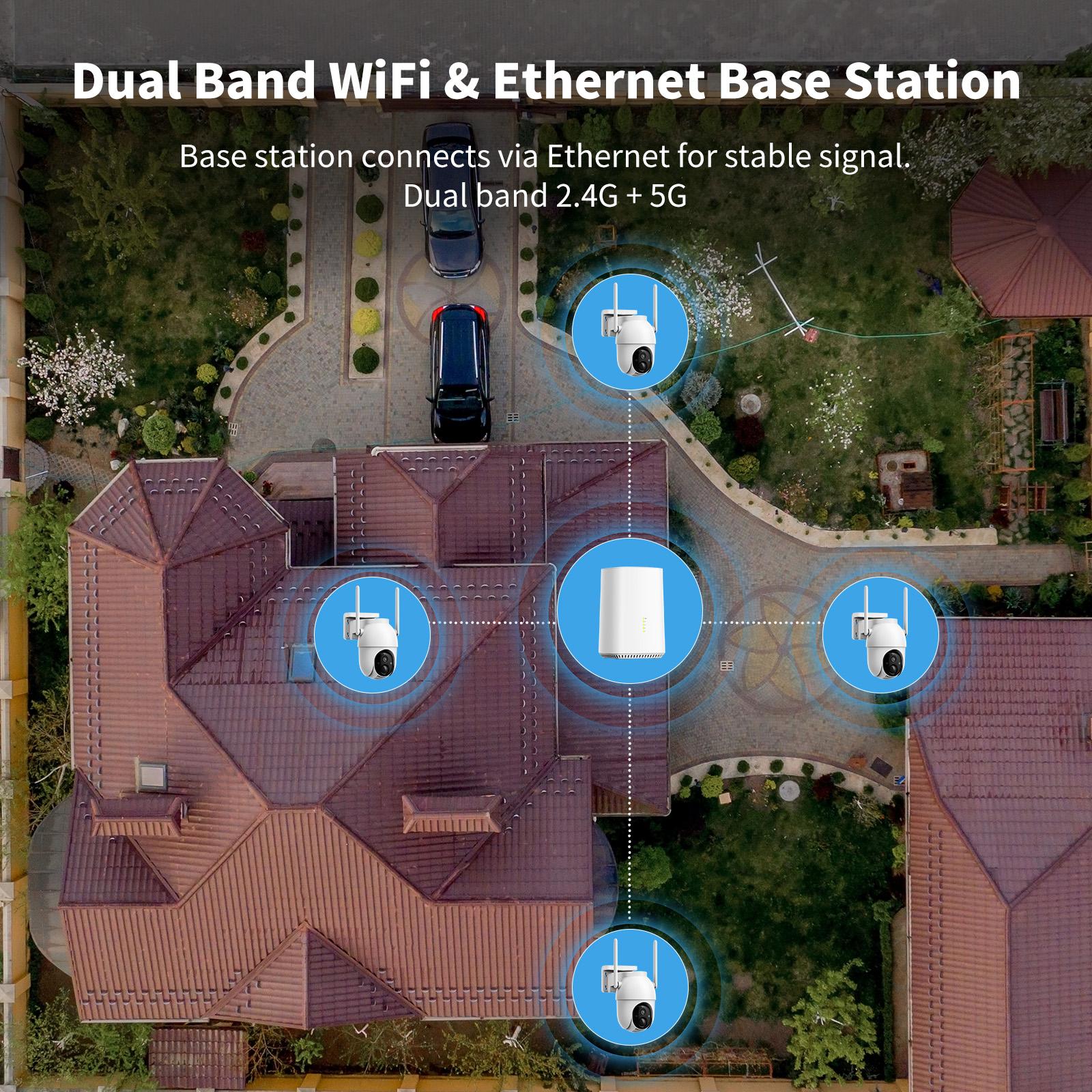 Wireless Solar Powered Security Camera System with Base Station, No Monthly Fee, 2 Cameras Kit, 2K Full Color Night Vision, Solar Powered, WiFi Home Security Camera, No Monthly Fee, IP65 Waterproof, PIR Human Detection, Two-Way Audio, Works with Alexa