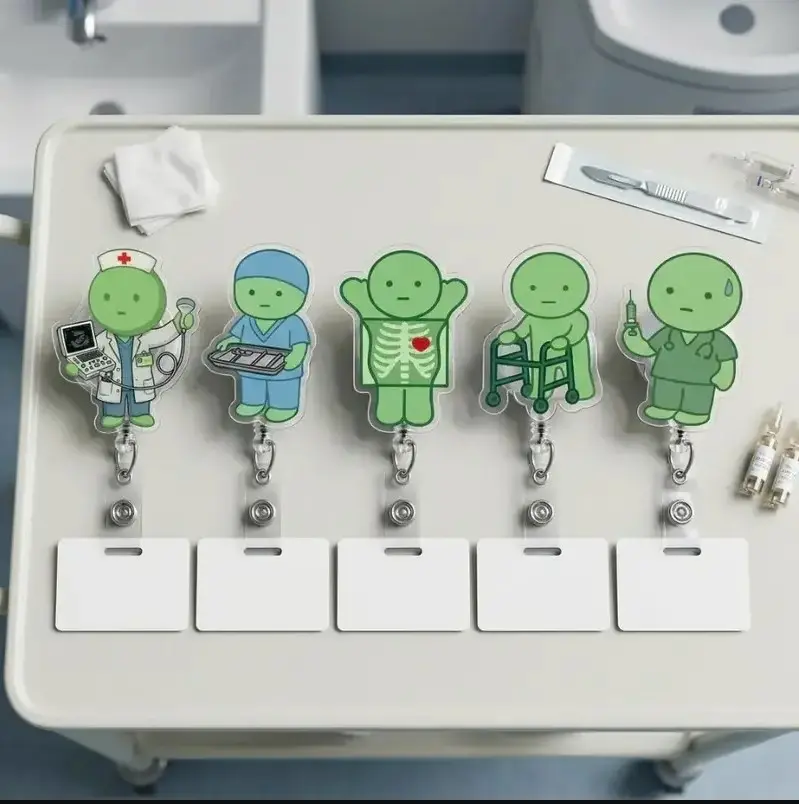 Cute Medical Green Character Acrylic Badge Reel, X Ray Ultrasound Surgical Tech and PT Retractable ID Holder, Fun Name Tag Clip Gift
