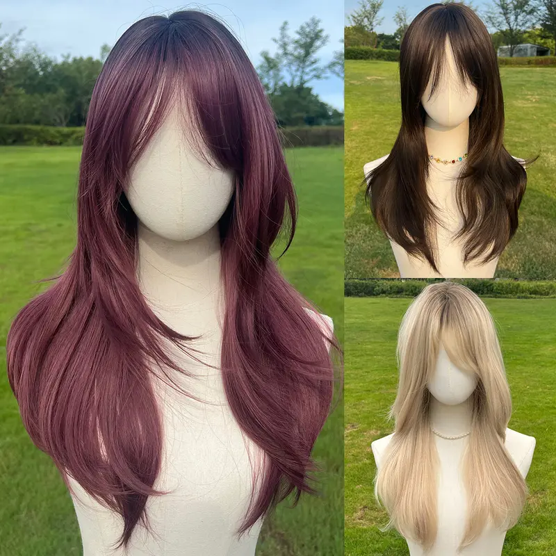 SMILCO 24Inch Cherry Layer Straight Slightly Curly Synthetic Wig SM256 with Adjustable Rose Mesh Cap, Glueless, Natural-Looking Scalp, Full Machine Cap, Breathable & Vibrant Color for Daily Wear & Cosplay