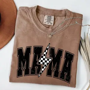 t shirts women Mama Lightning Bolt T-shirt, Mama Tee, Mama Shirt, Mom Life Graphic Tee, Retro Mama Tee, Mama Sublimation Shirt Fit Casual Everyday Crewneck Checkered Top