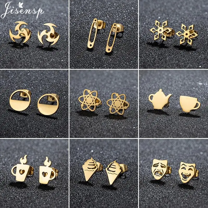 Minimalist Stainless Steel Mini Stud Earrings Women Fashion Teapot Darts Lighter Clown Ice Cream Earings Party Jewelry Accessory