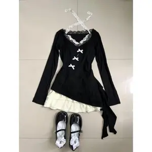 2026 New Women Birthday Rave Korean Fashion Gyaru  Coquette Outfits 2 Piece Set Fake Two Pieces Top + Mini Ruffle Skirts Chic