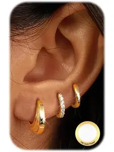 3 Pairs of golden Hoop Earrings for Women: Chunky Hoops, Hypoallergenic Sleeper Huggie Earrings Set in Golden