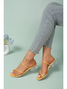 Yellow Clear Strap Block Heel Sandals | Transparent PVC Heel Summer Slide Sandals for Women
