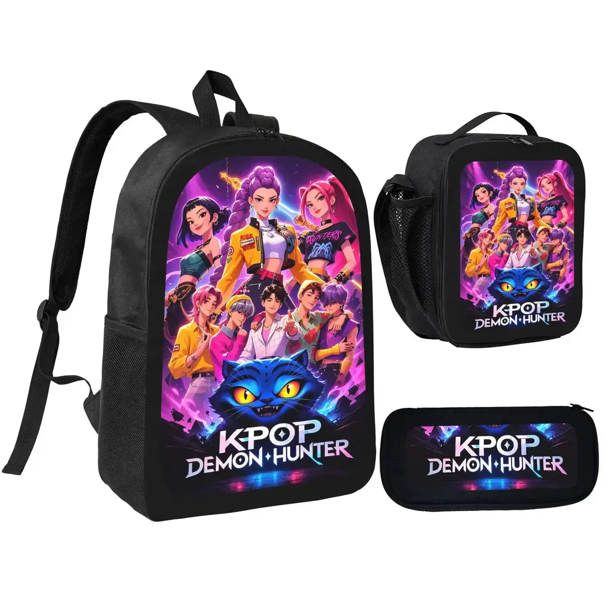 Teen Girls' Kpop Anime KDH Print 3-Piece Large Size Backpack Set - Insulated Box, Pencil Case Included, Lightweight for Classroom, Casual School Use