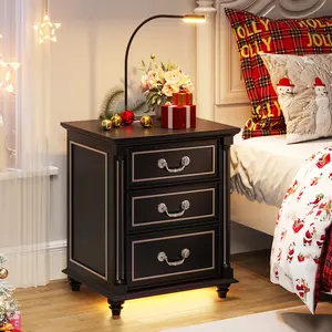 Lvifur Hidden Gun Drawer Nightstand That Does It All! LED Motion Sensor Light, Charging Station & 3 Deep Drawers, Rustic Farmhouse Bedside Table