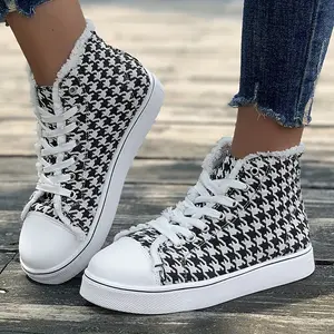 Women's Houndstooth Canvas Sneakers, Round Toe Raw Trim High Top Shoes, Casual Flat Skate Shoes plus size